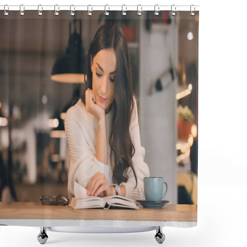 Personality  Focused Young Woman Reading Book At Table With Coffee Cup In Cafe Shower Curtains