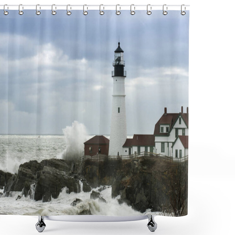 Personality  Waves Crash Next To Oldest Lighthouse In Maine Shower Curtains