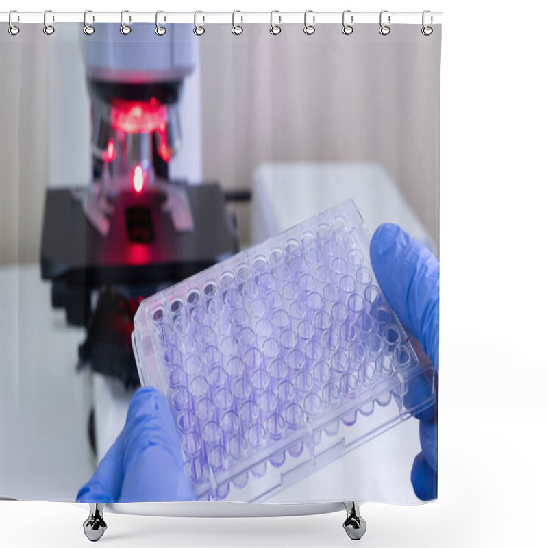 Personality  A Scientist Prepares To Analyze Samples In A Multi-well Plate Using The Microscope In Front. Shower Curtains