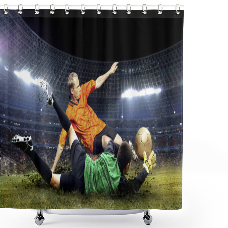 Personality  Football Player And Jump Of Goalkeeper On The Field Of Stadium A Shower Curtains