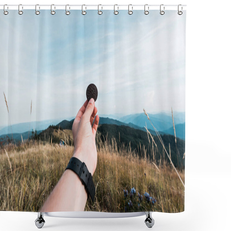 Personality  CARPATHIANS, UKRAINE - AUGUST 24, 2019: Cropped View Of Man Holding Oreo Cookie In Field Near Mountains  Shower Curtains