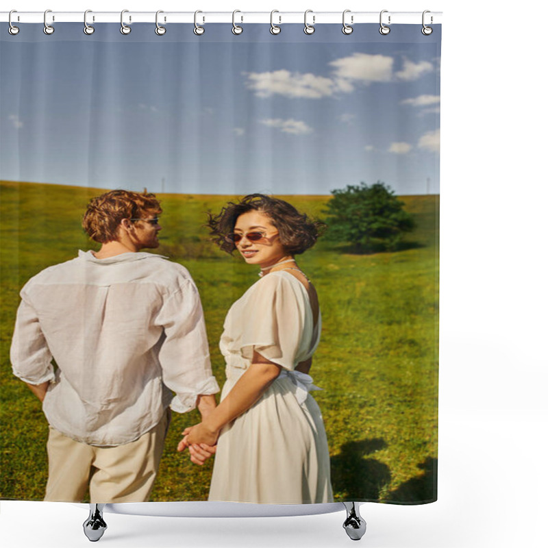 Personality  Just Married Couple, Happy Asian Bride In Wedding Dress Holding Hands With Groom In Green Field Shower Curtains