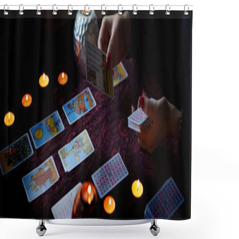 Personality  Tarot Reader Picking Tarot Cards Near Burning Candles. Shower Curtains