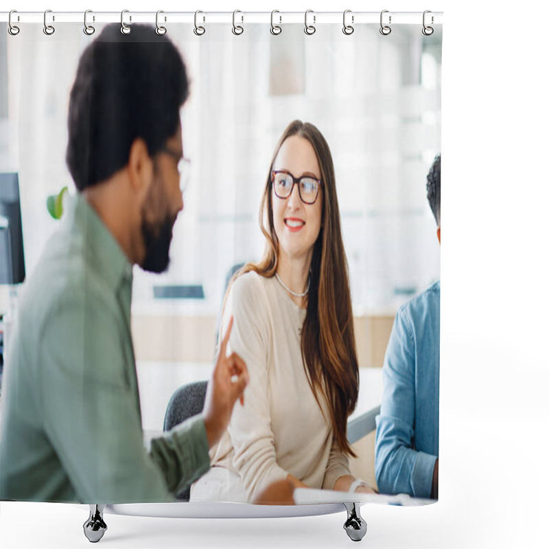 Personality  A Team Meeting In Progress, Where A Man In A Green Jacket Speaks To His Attentive Colleagues, Representing A Collaborative Workplace And Effective Team Communication. Morning Meeting In Modern Office Shower Curtains