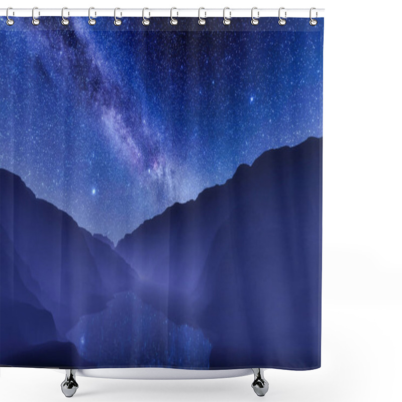 Personality  Fantastic Starry Night Sky With Milky Way Galaxy Over Calm Mountain Lake With Stars Reflections On Mirror Water Surface. With No People Desolate Landscape 3D Illustration From My 3D Rendering File. Shower Curtains