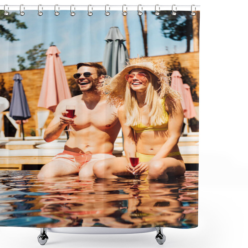 Personality  Sexy Couple Holding Glasses Of Red Wine And Smiling In Swimming Pool Shower Curtains