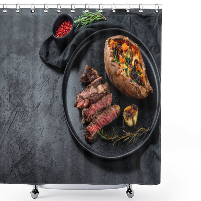 Personality  Marbled Beef Steak With Baked Sweet Potato Garnish. Grilled Meat. Organic Farm Meat. Black Background. Space For Text. Shower Curtains