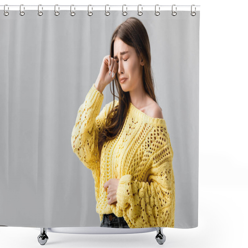 Personality  Unhappy Girl In Yellow Sweater Crying And Wiping Tears With Hand Isolated On Grey Shower Curtains