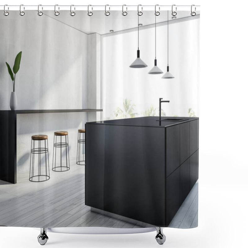 Personality  Panoramic Kitchen Interior With A White Wooden Floor, Black Counters, A Bar With Stools And Stylish Ceiling Lamps. Side View 3d Rendering Shower Curtains