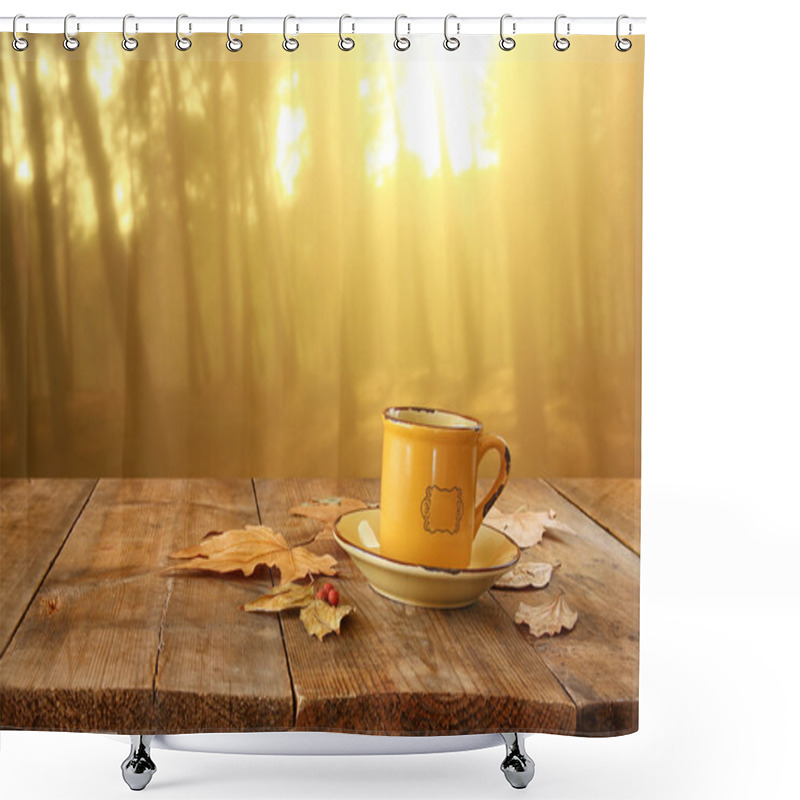 Personality  Front Image Of Coffee Cup Over Wooden Table And Autumn Leaves In Front Of Autumnal Sunset Background. Shower Curtains