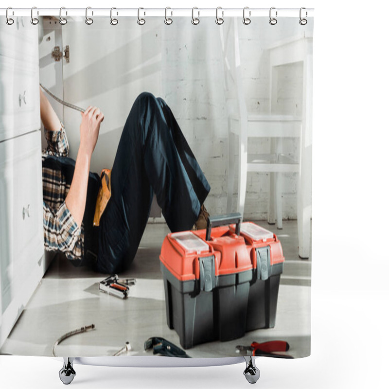 Personality  Cropped View Of Installer Lying On Floor Near Tool Box  Shower Curtains