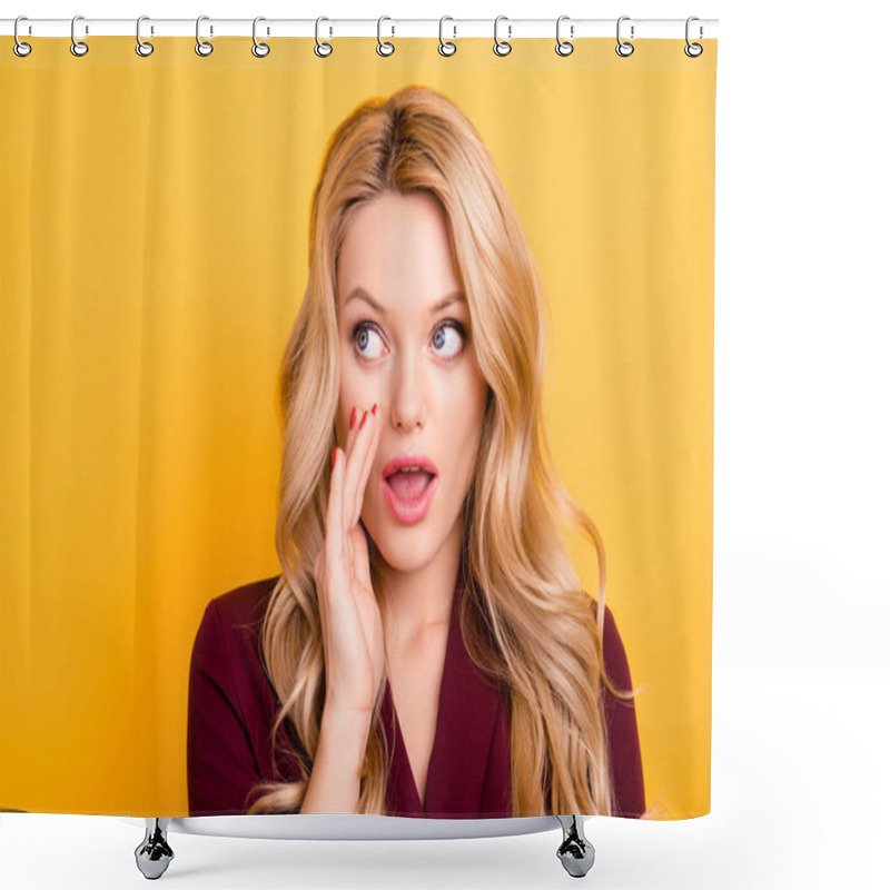 Personality  Portrait Of Concentrated Big-eyed Woman In Classic Outfit Hiding Mouth With Palm Whispering Gossips, Telling Secret Looking To The Side With Eyes Isolated On Yellow Background Shower Curtains