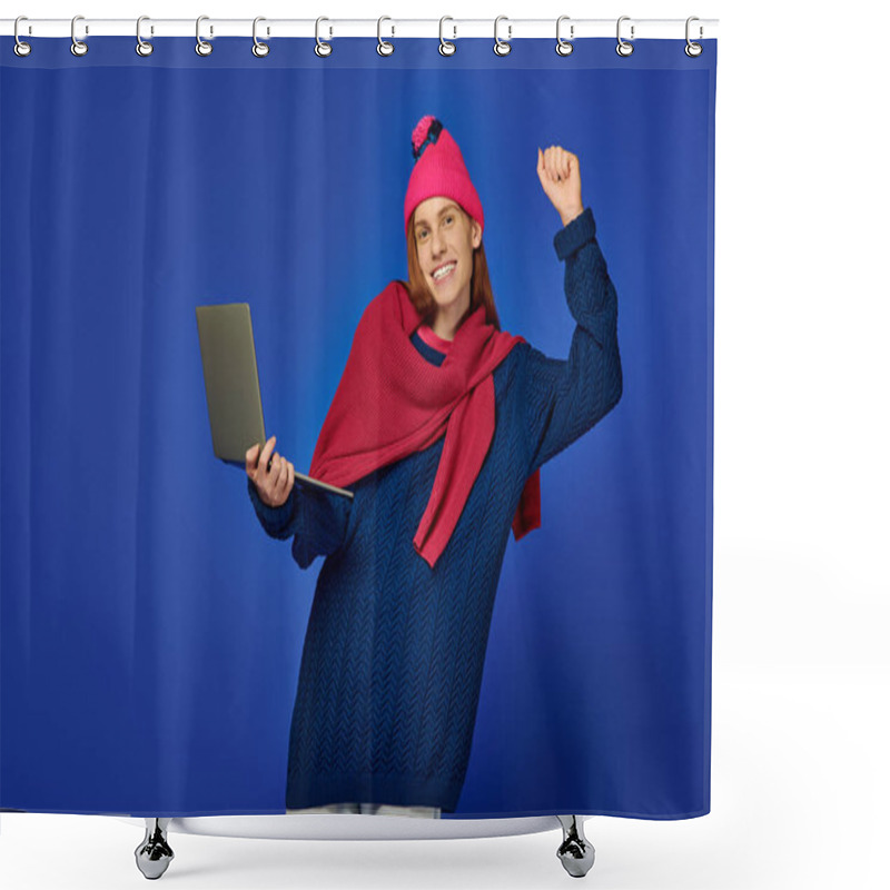 Personality  Excited Young Man With Long Red Hair Celebrates While Holding A Laptop In His Cozy Outfit. Shower Curtains