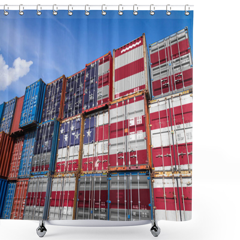 Personality  The National Flag Of USA On A Large Number Of Metal Containers For Storing Goods Stacked In Rows On Top Of Each Other. Conception Of Storage Of Goods By Importers, Exporters Shower Curtains