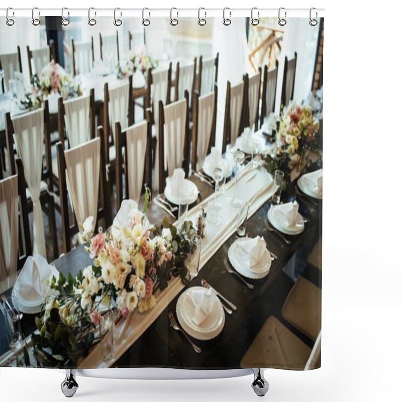 Personality  Floral Arrangement On Dining Table For Wedding Reception.  Shower Curtains