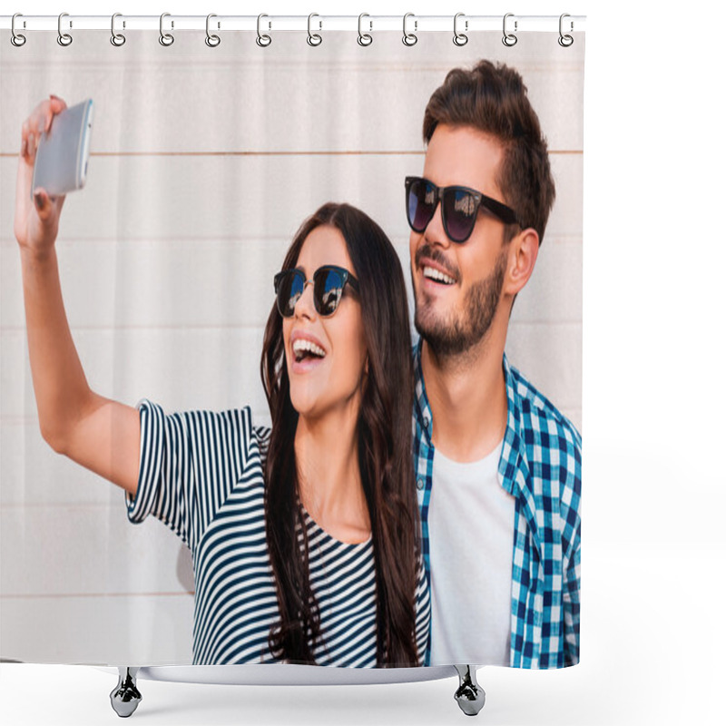 Personality  Loving Couple Making Selfie Shower Curtains