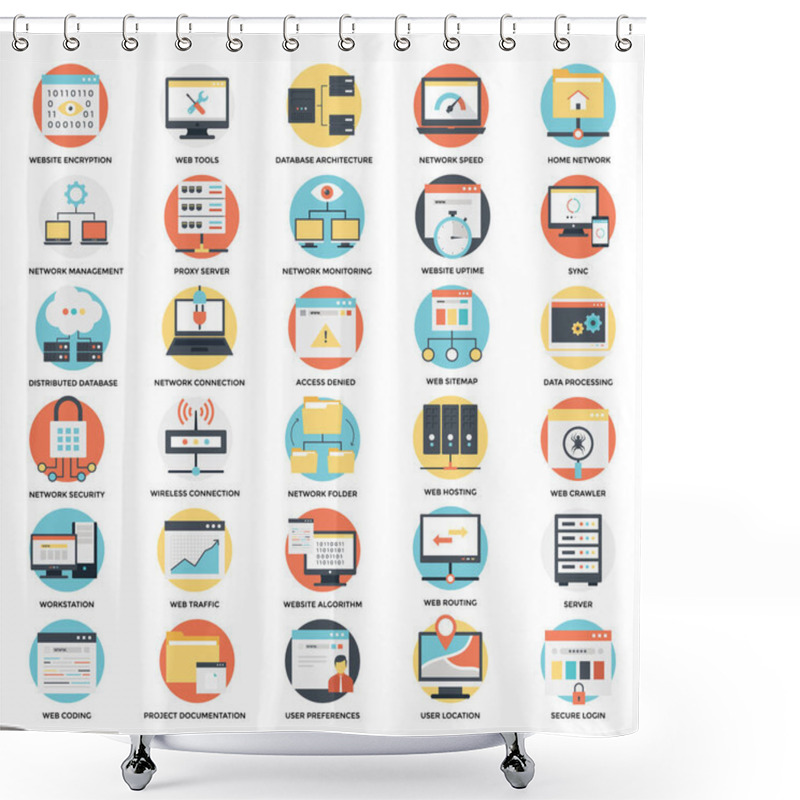 Personality   Flat Icons Set Of Web Hosting Shower Curtains