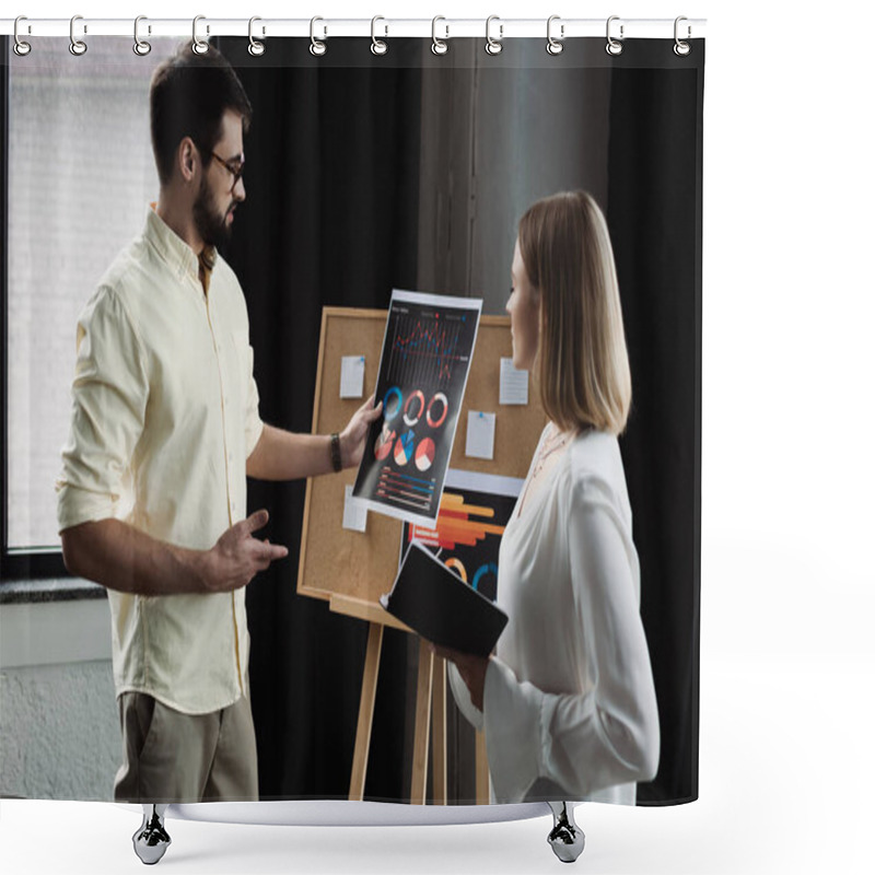 Personality  Side View Of Businessman Pointing At Charts Near Intern With Notebook In Office  Shower Curtains