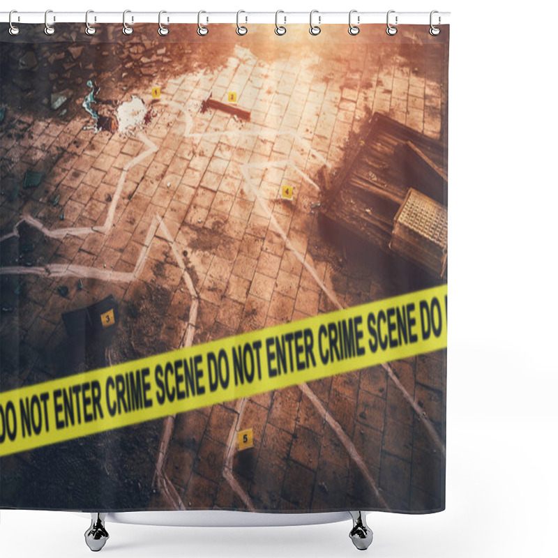 Personality  White Chalk Outline Of Killed Body, Blood An Floor And Yellow Police Caution Tape With Text - Crime Scene, Do Not Enter. Murder Investigation Concept Shower Curtains