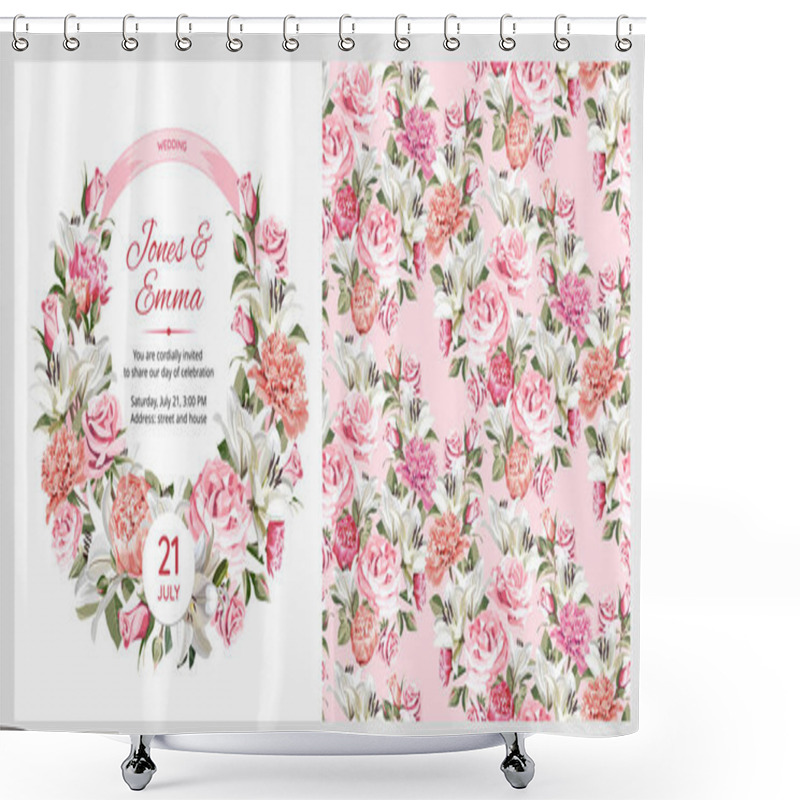 Personality  Cover Of Wedding Invitation And Seamless Pattern. White And Pink Roses, Peonies And White Lilies On Light Background. Shower Curtains