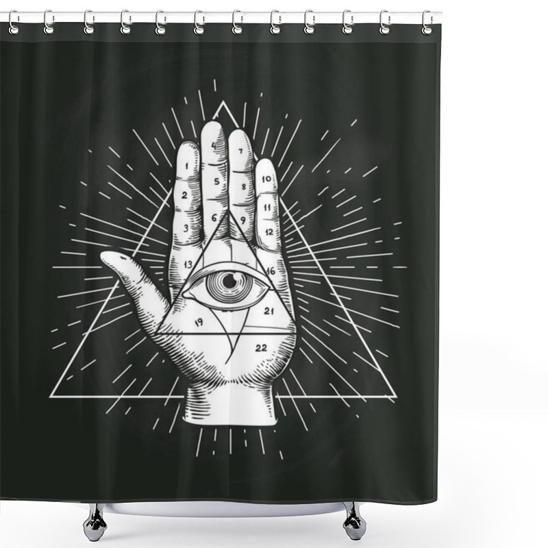 Personality  All Seeing Eye Triangle Geometric Vector Design. Providance Pyramid Tattoo Symbol With Occult Secret Hand Sign. Mystic Spiritual Illuminati Emblem Sketch Drawing Illustration Shower Curtains