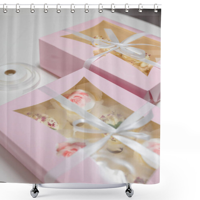 Personality  Two Pink Present Boxes Decorated With Ribbon And Bow. Packaging Of Cupcakes And Meringue Roll. Homemade Sweets. Soft Focused Shot Shower Curtains