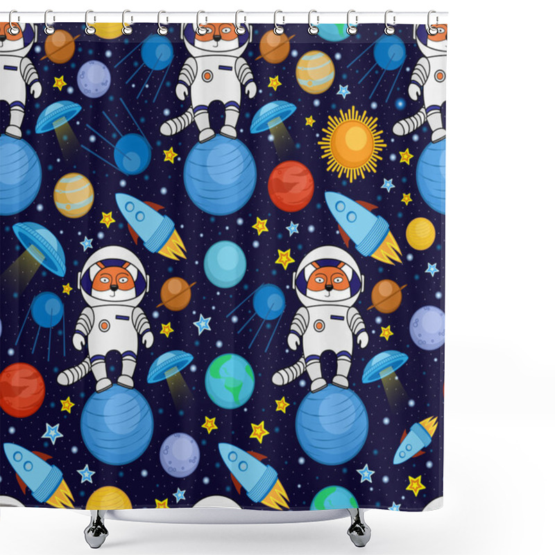 Personality  Seamless Cartoon Space Pattern - Fox Astronaut, Spaceship, Planets, Satellites Shower Curtains