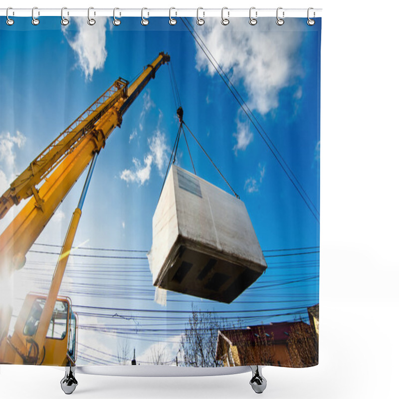 Personality  Industrial Crane Operating And Lifting An Electric Generator Against Sunlight And Blue Sky Shower Curtains