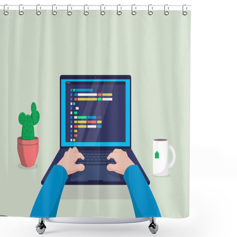 Personality  Man Programmer Working On Computer With Code On Screen Illustration. Shower Curtains