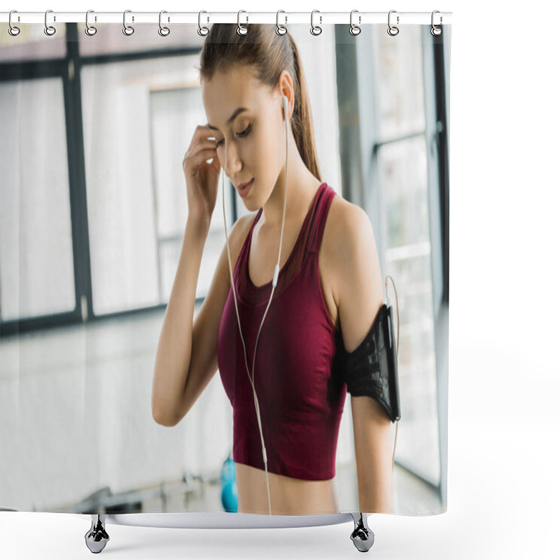 Personality  Beautiful Slim Sportswoman In Smartphone Armband Putting On Earphones At Gym Shower Curtains