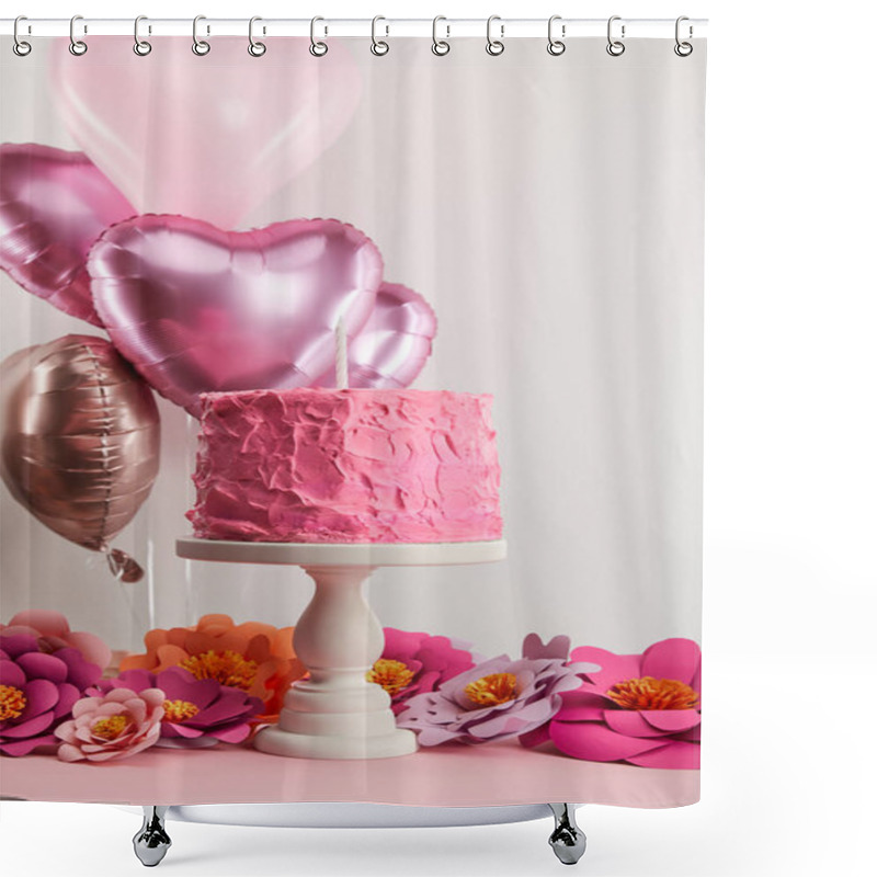 Personality  Sweet Pink Birthday Cake With Candle On Cake Stand Near Paper Flowers And Heart-shaped Air Balloons On Grey Shower Curtains