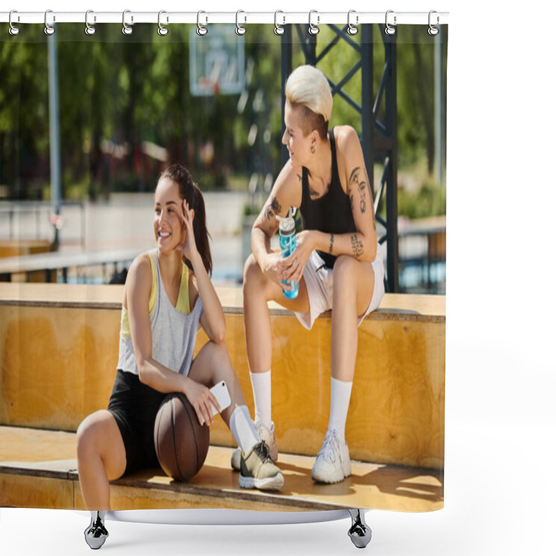 Personality  Two Young Women In Athletic Gear Sitting On Steps, Playing Basketball Outdoors On A Sunny Day. Shower Curtains