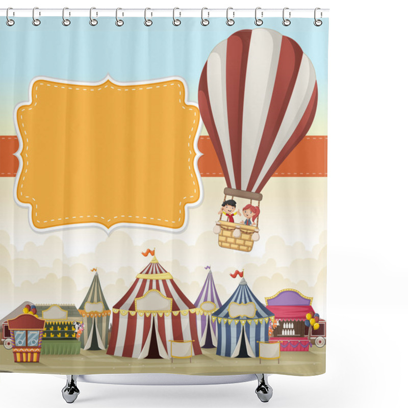 Personality  Cartoon Kids Inside A Hot Air Balloon Flying Over Cartoon Circus.  Shower Curtains