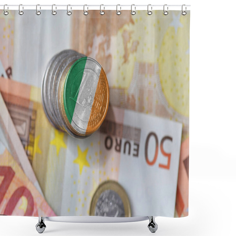 Personality  Euro Coin With National Flag Of Ireland On The Euro Money Banknotes Background. Shower Curtains