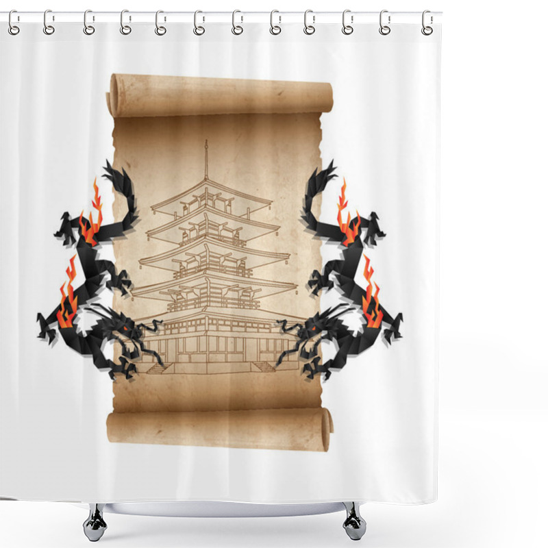 Personality  Scroll Of Old Parchment With Pagoda And Dragons Shower Curtains