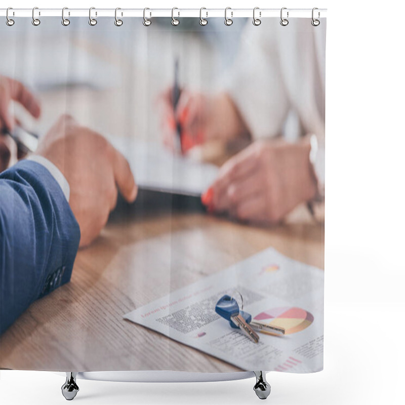 Personality  Selective Focus Of Businessman Holding Clipboard And Woman Signing Contract Shower Curtains