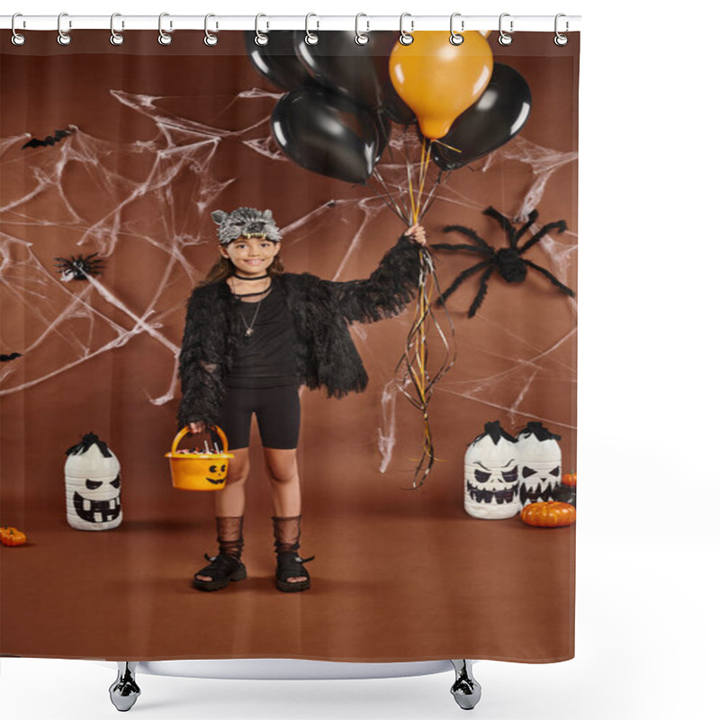 Personality  Smiley Girl Holds Black And Orange Balloons And Bucket With Sweets, Halloween Concept Shower Curtains