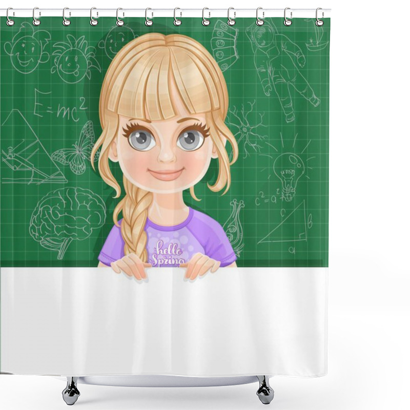 Personality  Cute Blond Girl In Violet Tee-shirt Holds Large White Horizontal Banner On A Green Background Shower Curtains