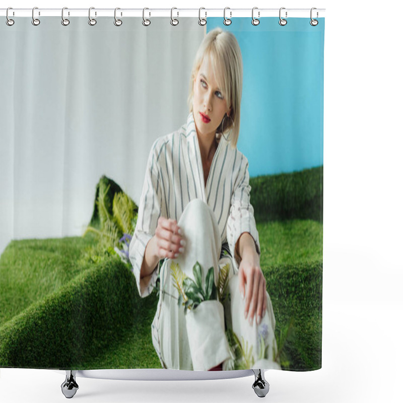 Personality  Beautiful Stylish Blonde Girl Posing While Sitting On Artificial Grass  Shower Curtains