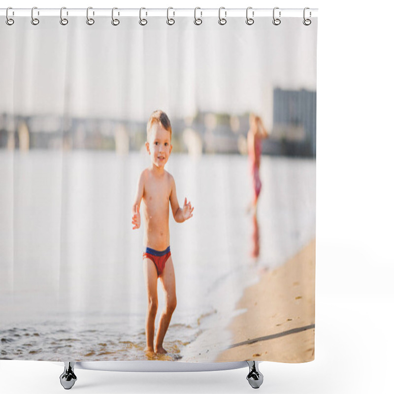 Personality  Theme Summer Outdoor Activities Near The River On The City Beach In Kiev Ukraine. Little Funny Baby Boy Running Along The River Bank, Jumping A Splash Of Water Sandy Beach Summer Time Shower Curtains