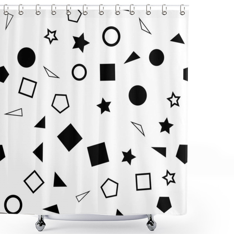 Personality  Vector Illustration Of A Seamless Pattern Of Black And White Simple Shapes - Squares, Triangles, Circles And Stars On A White Background Shower Curtains