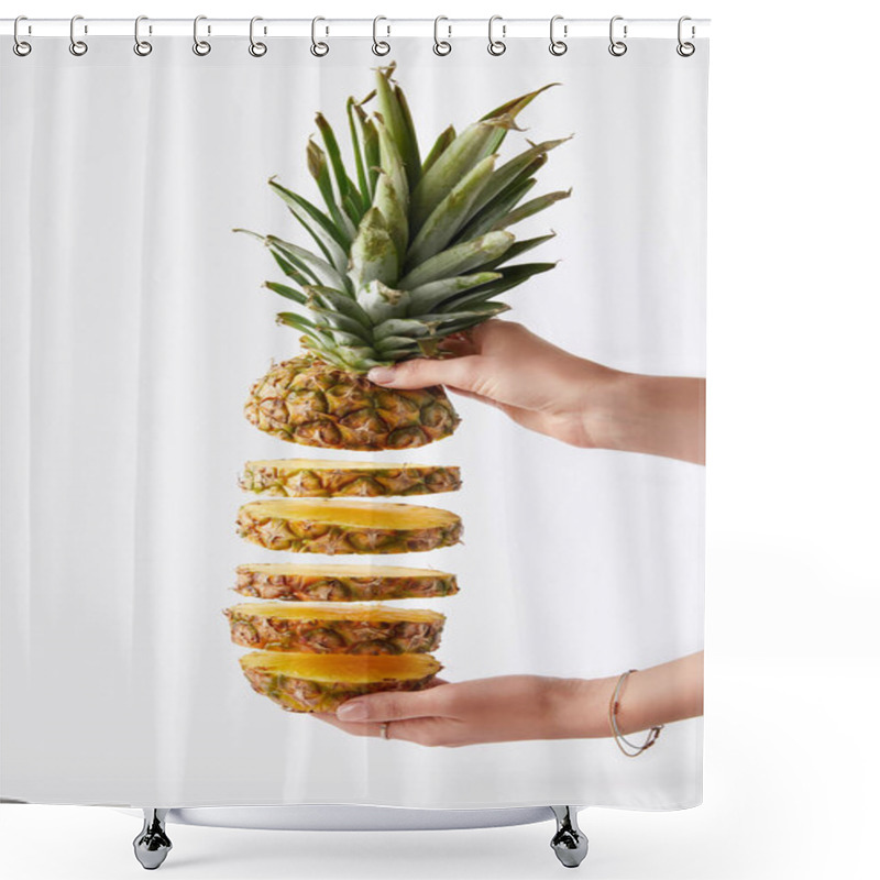 Personality  Partial View Of Woman Holding Cut Pineapple In Hands Isolated On White  Shower Curtains