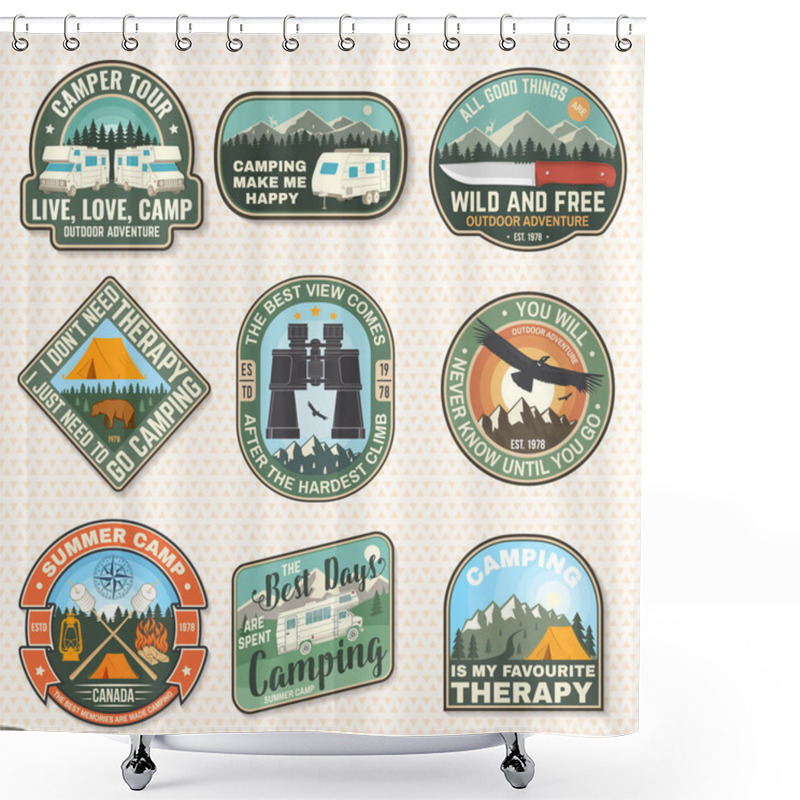 Personality  Set Of Rv Camping Badges, Patches. Vector. Concept For Shirt Or Logo, Print, Stamp Or Tee. Vintage Typography Design With RV Motorhome, Camping Trailer And Off-road Car Silhouette. Shower Curtains