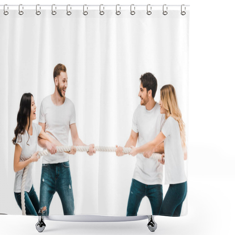 Personality  Happy Young Couples Pulling Rope And Playing Tug Of War Isolated On White  Shower Curtains