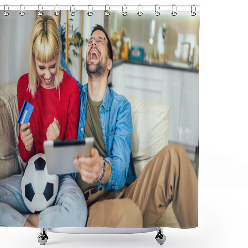 Personality  Young Couple Watching A Football Game On Digital Tablet And Using Credit Card For Online Betting. Shower Curtains