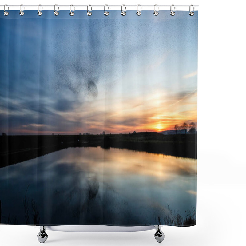 Personality  Starling Murmurations. A Large Flock Of Starlings Fly At Sunset In The Netherlands. Hundreds Of Thousands Starlings Come Together Making Big Clouds To Protect Against Birds Of Prey.  Shower Curtains