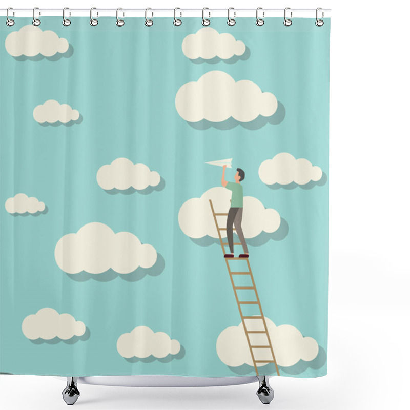 Personality  Man Climbing The Sky Launching Paper Plane Shower Curtains