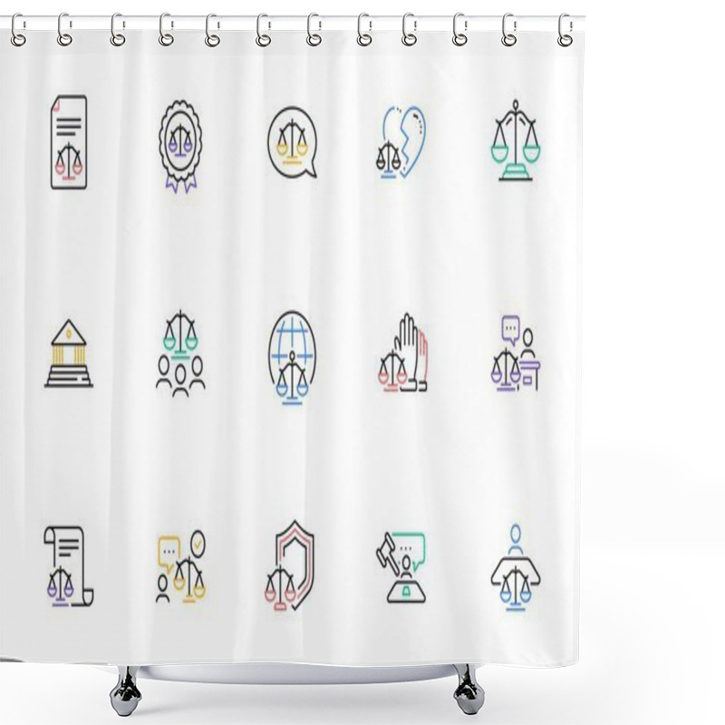 Personality  Court Line Icons Set. Lawyer, Scales Of Justice And Judge. Hammer, Law And Petition Document Set Icons. Judgment, Justice, Court Injunction. Gavel Judge Hammer, Rulings, Presiding Officer. Vector Shower Curtains