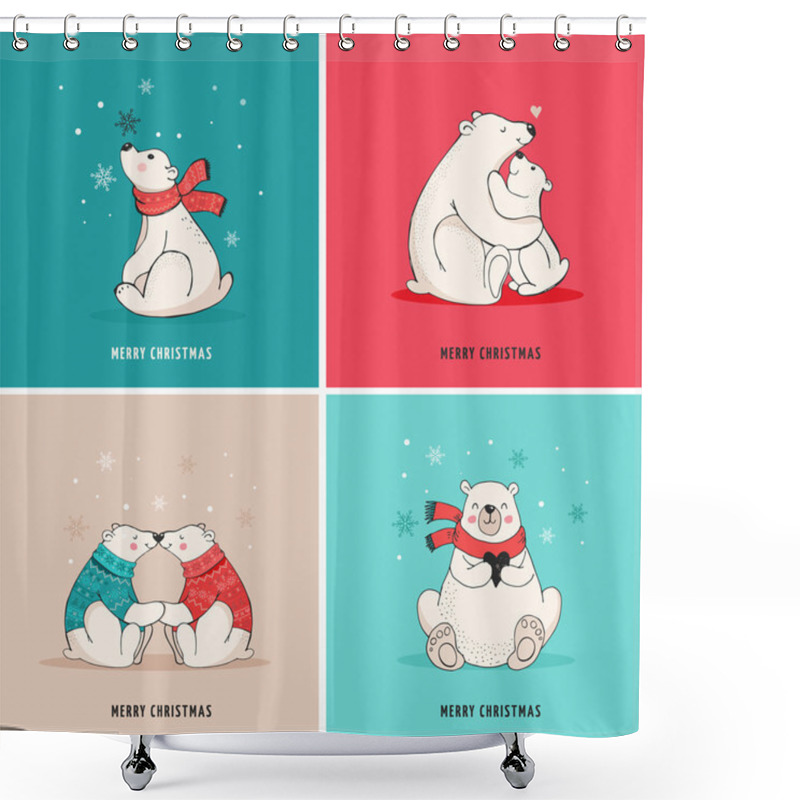 Personality  Hand Drawn Polar Bear, Cute Bear Set, Mother And Baby Bears, Couple Of Bears. Merry Christmas Greetings With Bears Shower Curtains