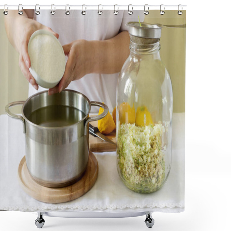 Personality  Elder Flowers, Water, Lemon And Sugar, Ingredients And A Woman Preparing An Elderberry Syrup. Rustic Style, Selective Focus. Shower Curtains